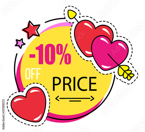 Valentines day sale, hearts and arrows, isolated icon vector. Voucher discount, price reduction and holiday clearance. Holiday off and special offer, love celebration, shopping tag illustration