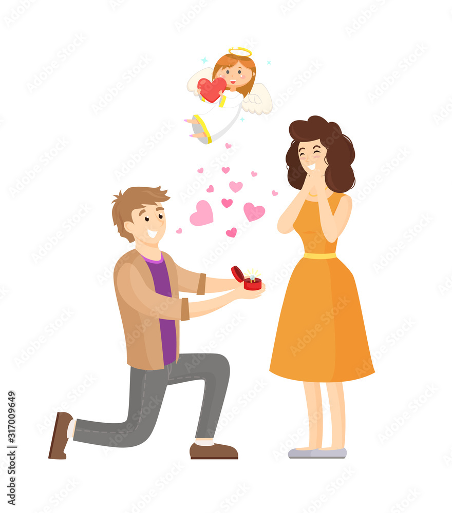 Man standing on knee and making proposition vector, surprised woman, angel above people. Bride and groom happy of engagement, marriage of pair in love Man standing on knee and making proposition vector, surprised woman, angel above people. Bride and groom happy of engagement, marriage of pair in love