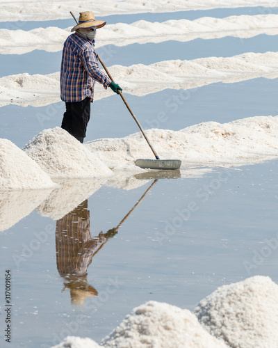 Farmers are using the tools to scoop the salt into a pile in salt garden at Phetchaburi, Thailand.