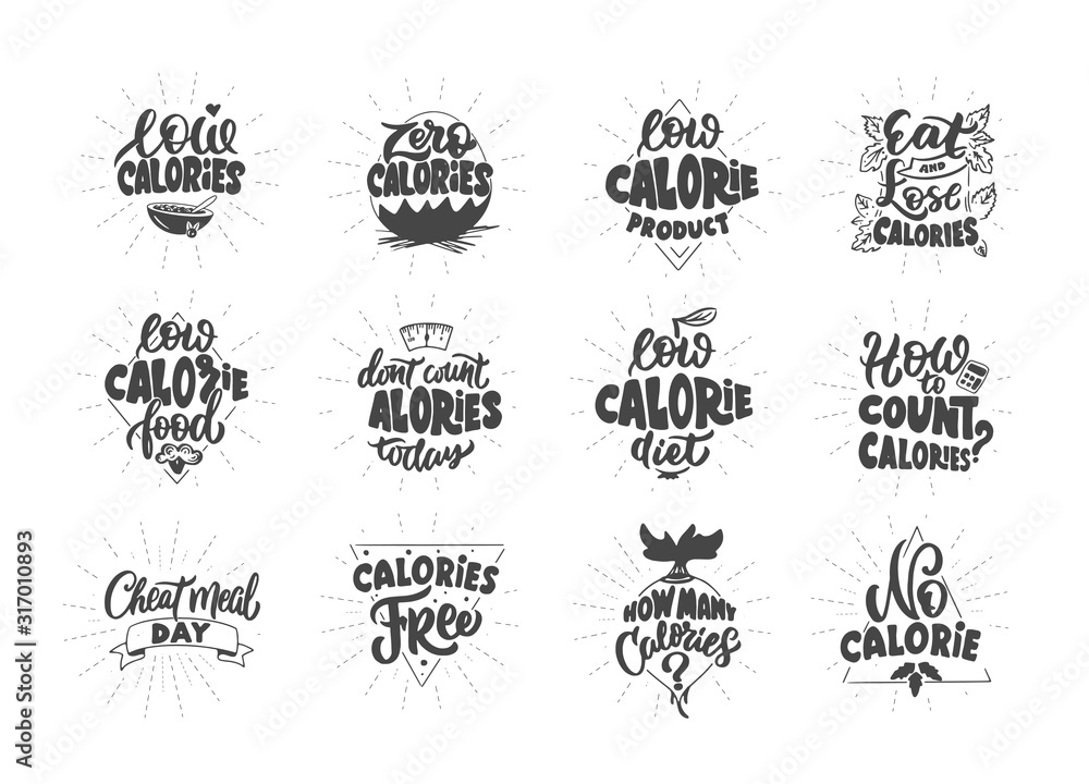 No calories, Zero calories, Low calories product. Set of vintage retro hand drawn badges, labels No calories, Zero calories, Low calories product. Set of vintage retro hand drawn badges, labels