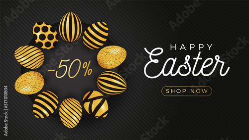 Easter egg horizontal banner. Easter card with eggs laid out in a circle on a black plate, gold and black ornate eggs on black striped modern background. Vector illustration. Place for your text.