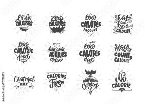 No calories, Zero calories, Low calories product. Set of vintage retro hand drawn badges, labels