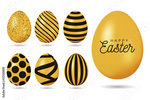 Gold easter egg. Happy Easter 7 realistic golden shine decorated eggs set. Vector illustration collection. Perfect for holiday greeting card, ad, promotion, poster, flyer, web-banner, article, sale
