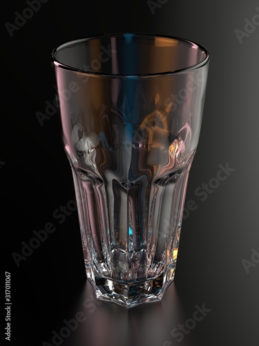 Empty transparent glass Pokal isolated on a black background with reflections. 3D render