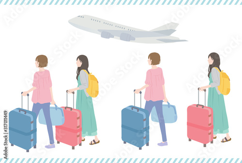 旅行する女性と飛行機