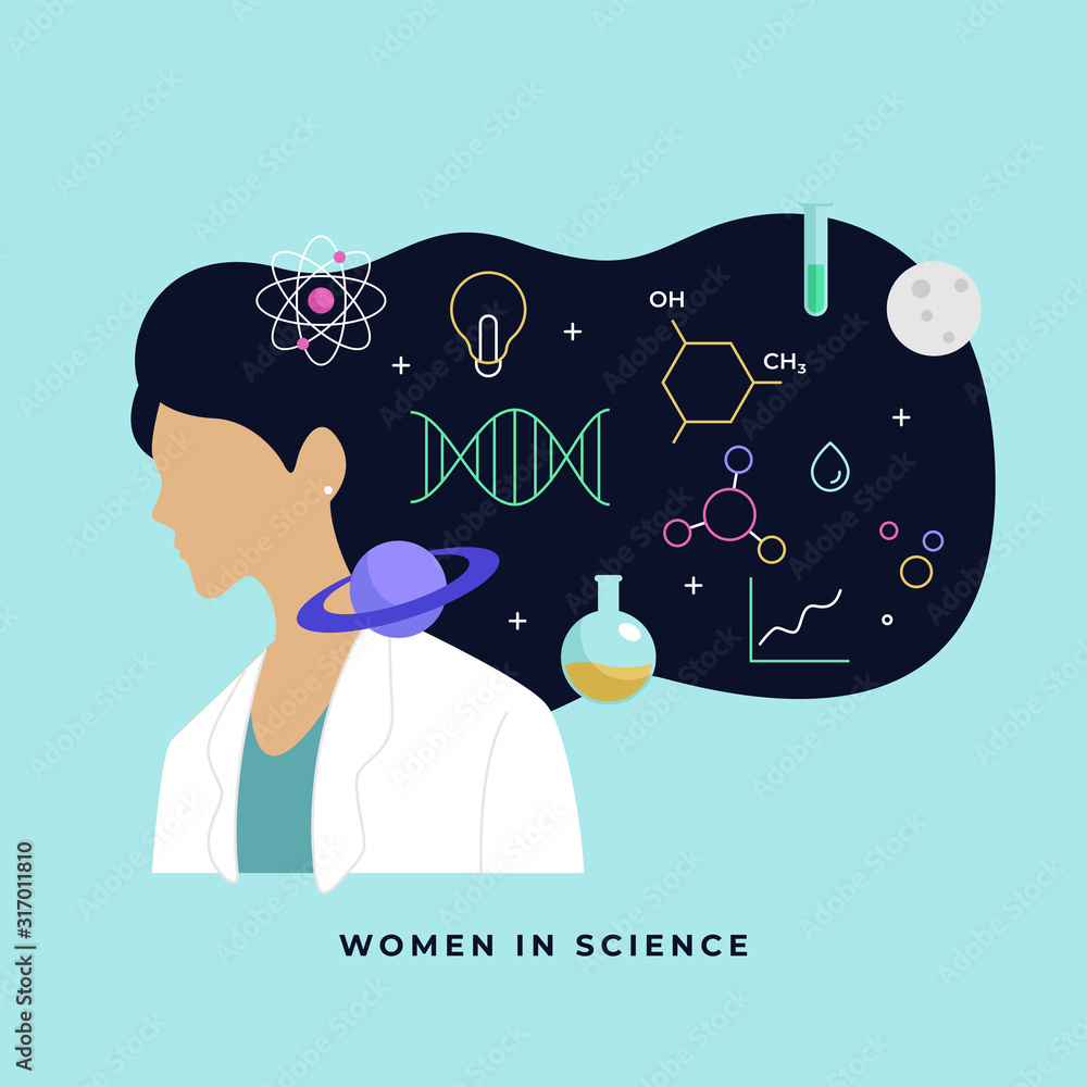 Female scientist head with long hair thinking about complex science knowledge vector illustration. International Day of Women and Girls in Science poster background. - obrazy, fototapety, plakaty 