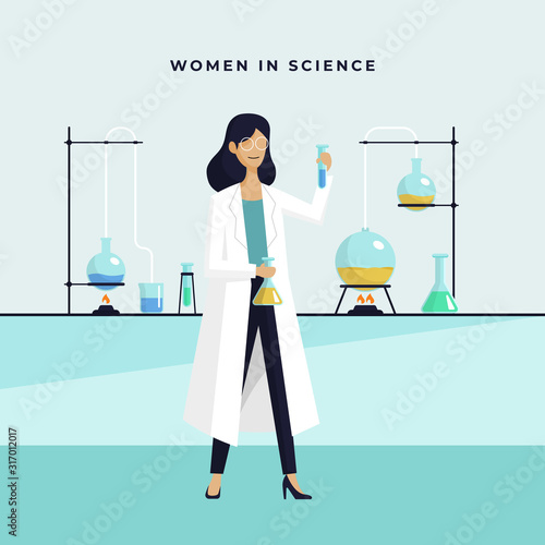 Female scientist in lab checking chemical reaction from beaker vector illustration. International Day of Women and Girls in Science poster background.
