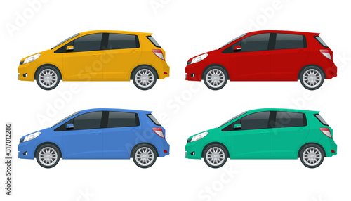 Subcompact hatchback car. Compact Hybrid Vehicle. Eco-friendly hi-tech auto. Template isolated on white View side.