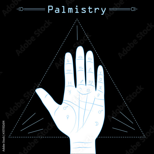 Hand on a black background with lines and signs of fate on it. Palmistry, esotericism.