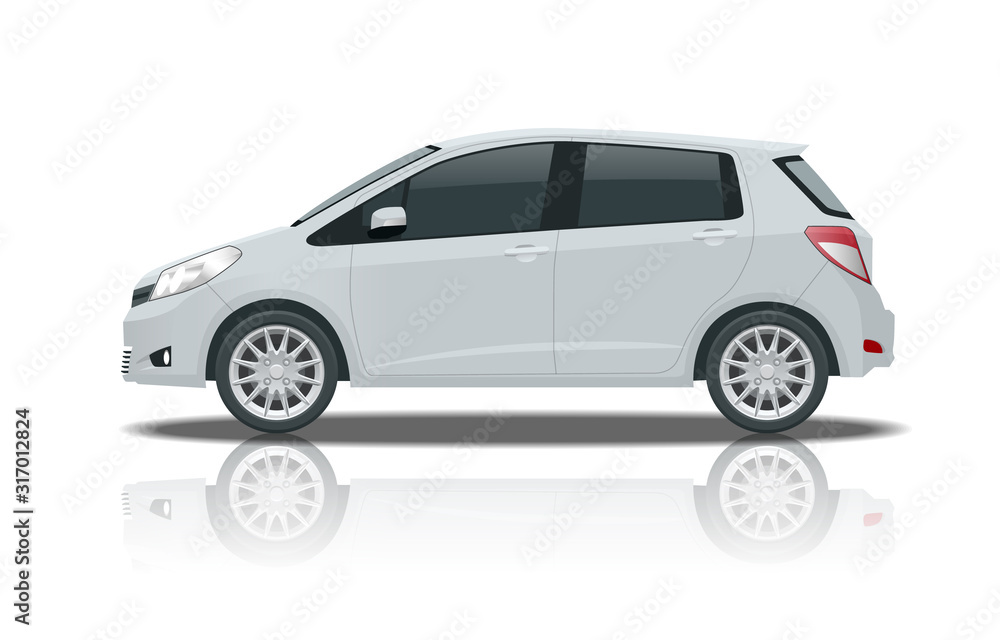 Subcompact hatchback car. Compact Hybrid Vehicle. Eco-friendly hi-tech auto. Template isolated on white View side.