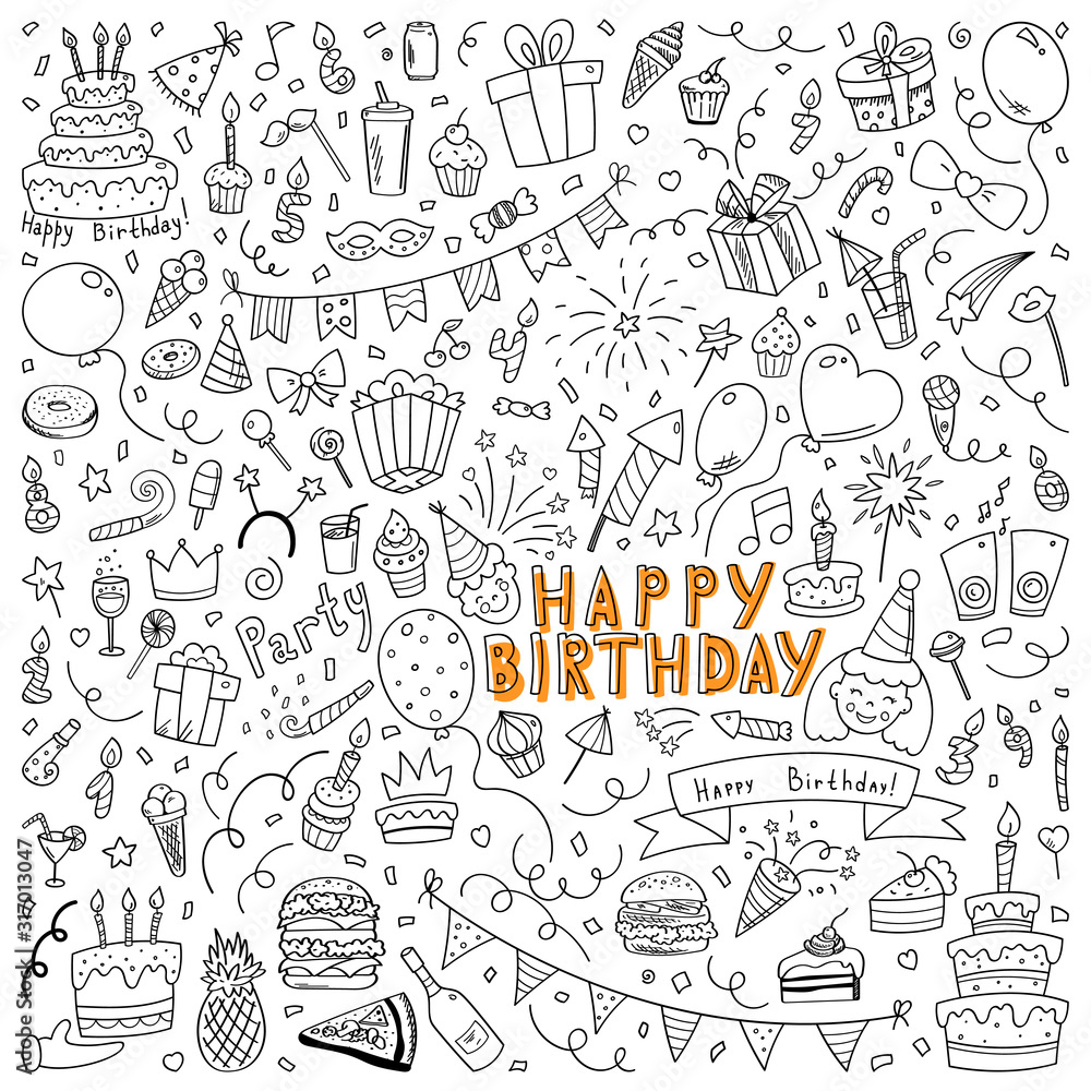 Set of vector birthday elements drawn on a tablet. Party items. EPS 10