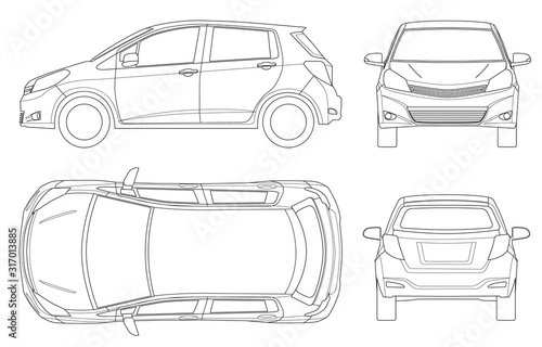 Subcompact hatchback car in outline. Compact Hybrid Vehicle. Eco-friendly hi-tech auto. Easy to change the thickness of the lines. Template vector isolated on white View front, rear, side, top