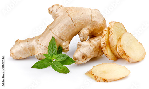 Fresh root ginger with leaf mint and slice side view. Healthy food. Isolated on white background.