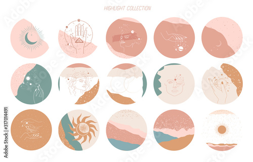Big set of round icons for social media stories. Abstract various vector highlight covers with mystical and astrology objects, woman face, space objects in one line style. Vector illustration.