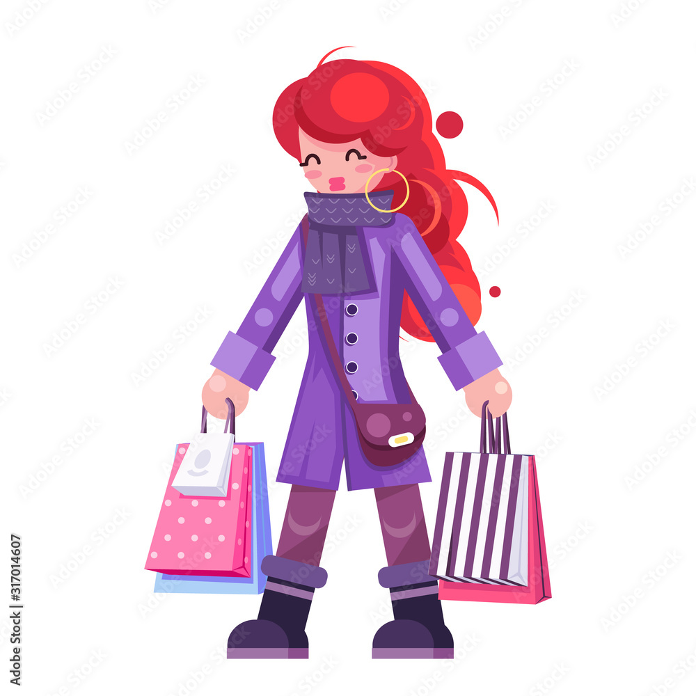 Spring shopping bag package girl purchase isolated on white flat design character vector illustration Spring shopping bag package girl purchase isolated on white flat design character vector illustration