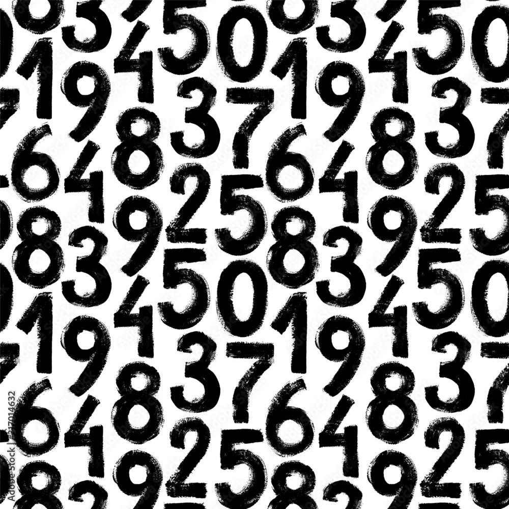 Grunge numbers vector seamless pattern. Grunge dirty painted numbers background. Monochrome vector abstract background.