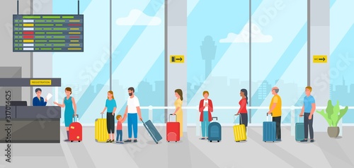 Airport check in registration desk and people passengers queue vector illustration. Different smiling men, women, child with luggage suitcases wait for flight check in and girl staff at counter.