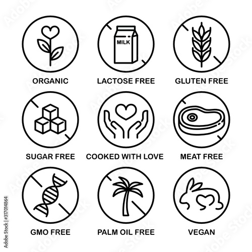 Vector Icon Set: Gluten, Sugar, Meat, Lactose, GMO, Palm Oil Free. Organic, Cooked with Love, Vegan.