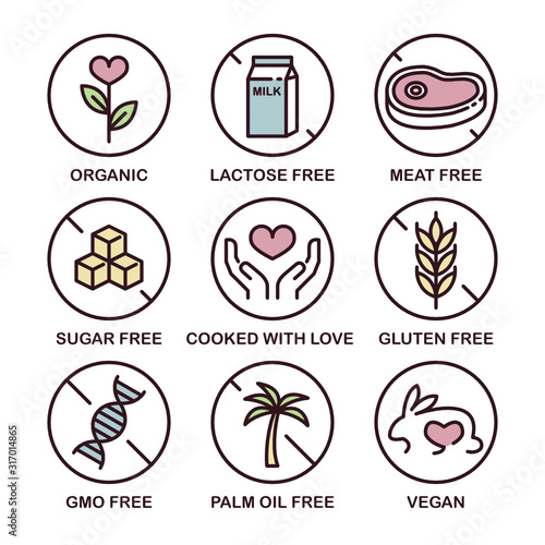 Vector Icon Set: Gluten, Sugar, Meat, Lactose, GMO, Palm Oil Free. Organic, Cooked with Love, Vegan.