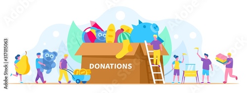 Donation, charity concept vector illustration, people collect different things in huge donation box. Activists volunteers and men, women carrying food, books, toys and money.
