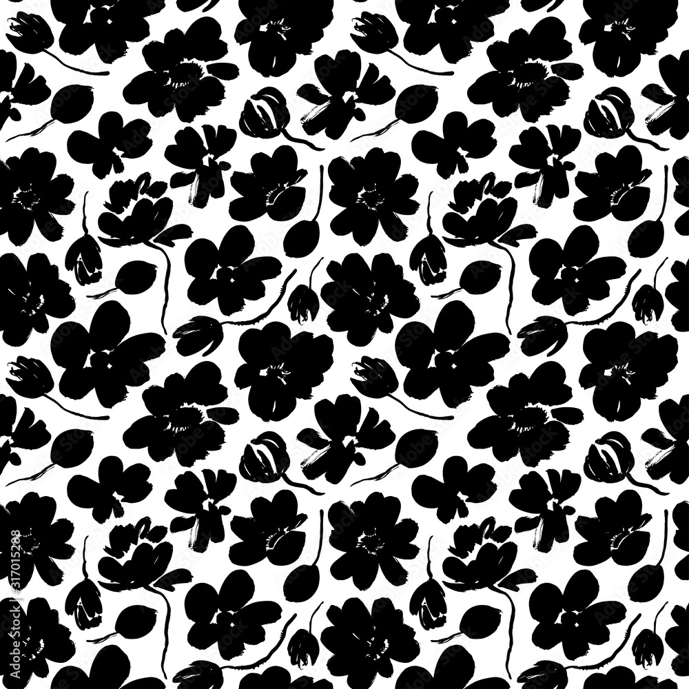 Silhouette brush flowers seamless pattern. Abstract flowers, stems and buds background. Peony, anemone, rose blooming. Silhouette brush flowers seamless pattern. Abstract flowers, stems and buds background. Peony, anemone, rose blooming.