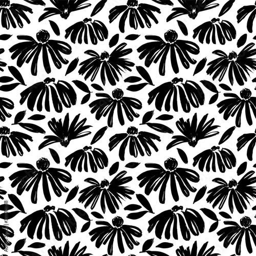 Daisy flower vector seamless pattern. Hand drawn botanical ink illustration with floral motif, leaves.