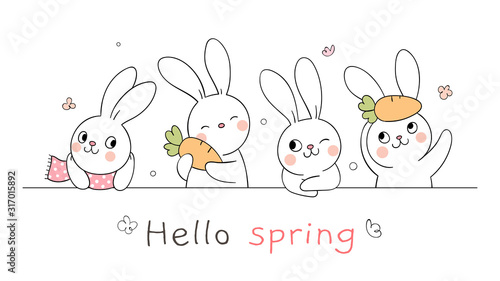 Draw happy bunny with word hello for spring season.