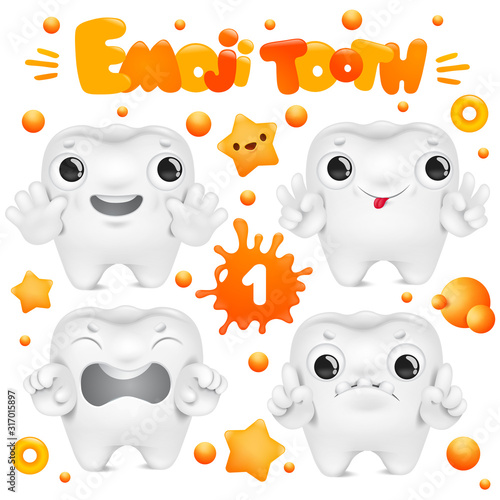 Tooth cartoon emoji character in various emotions collection
