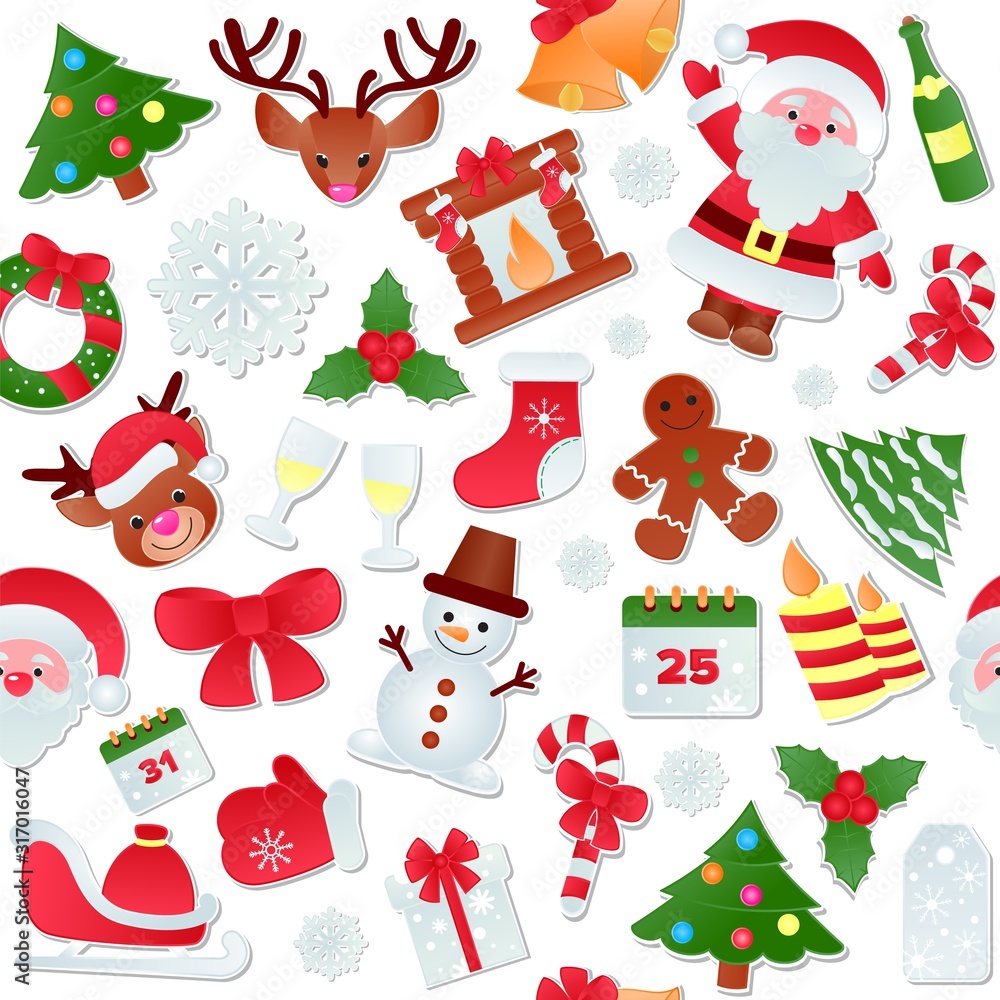 Christmas xmas icons symbols vector illustration seamless pattern. Festive Christmas New Year celebration collection set wallpaper background isolated. Cartoon Santa, reindeer, snowman, tree, gifts.