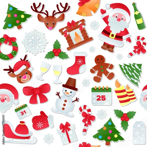 Christmas xmas icons symbols vector illustration seamless pattern. Festive Christmas New Year celebration collection set wallpaper background isolated. Cartoon Santa  reindeer  snowman  tree  gifts.