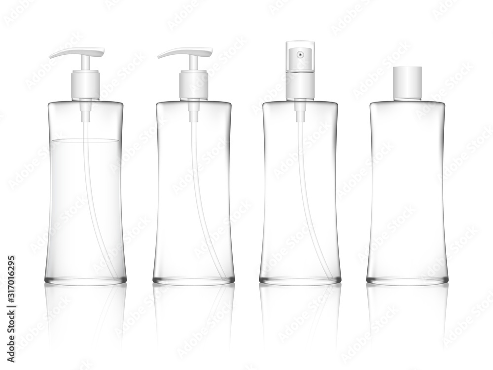 Cosmetic transparent plastic bottle with spray, dispenser pump caps. Skin care bottles for shower gel, liquid soap, lotion, cream, shampoo, bath foam. Beauty product package. Vector illustration. Cosmetic transparent plastic bottle with spray, dispenser pump caps. Skin care bottles for shower gel, liquid soap, lotion, cream, shampoo, bath foam. Beauty product package. Vector illustration.