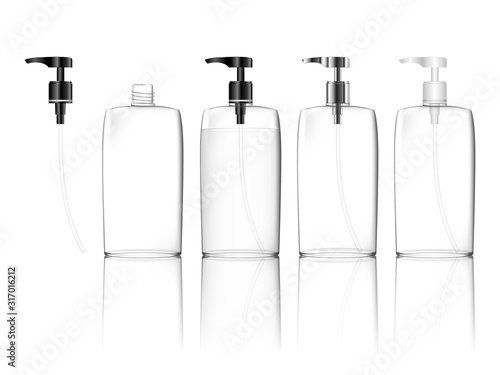 Cosmetic transparent plastic bottle with dispenser pump. Skin care bottles for gel, liquid, lotion, cream, shampoo, bath foam. Beauty product package, vector illustration.