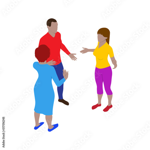 Two women and a man talk emotionally while standing. Scene of three people in isometric view. Isolated team of staff.