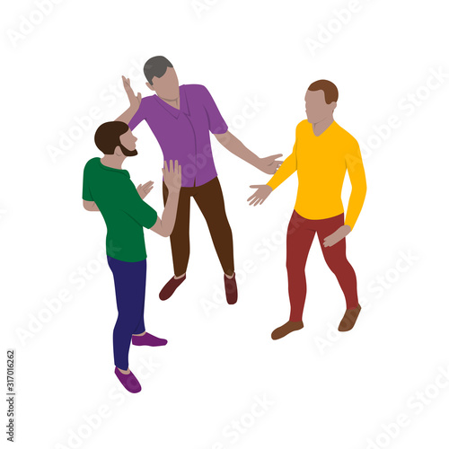 Three men talk emotionally while standing. Scene of people in isometric view. Isolated team of staff.