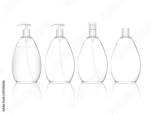 Cosmetic transparent plastic bottle with spray, dispenser pump caps. Skin care bottles for shower gel, liquid soap, lotion, cream, shampoo, bath foam. Beauty product package. Vector illustration.