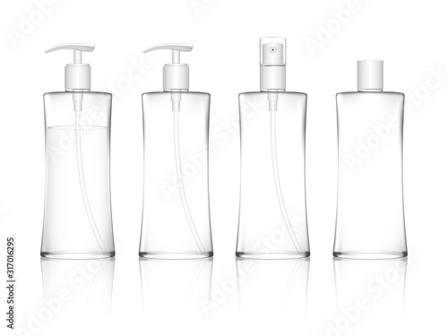 Cosmetic transparent plastic bottle with spray, dispenser pump caps. Skin care bottles for shower gel, liquid soap, lotion, cream, shampoo, bath foam. Beauty product package. Vector illustration.