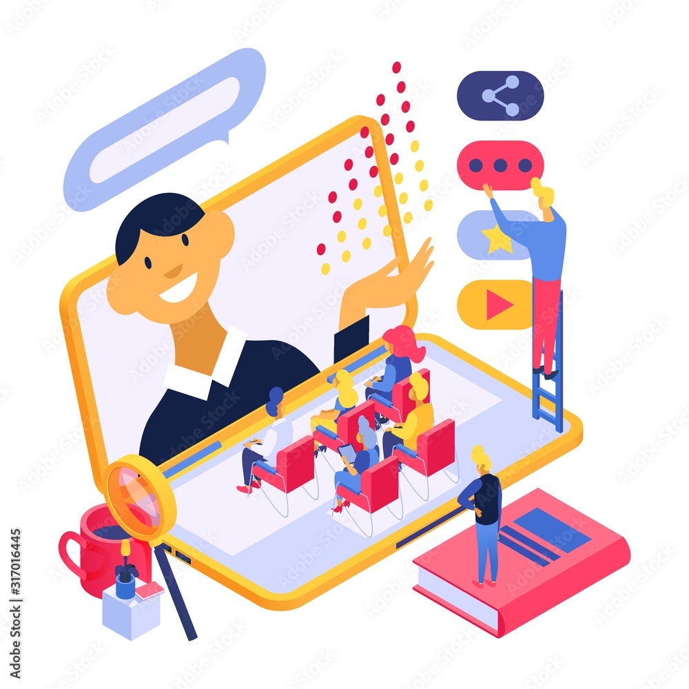 Fototapeta premium Online training education technology concept vector illustration isometric isolated. People group listen internet conference speaker from laptop screen. Assistants help set up video.