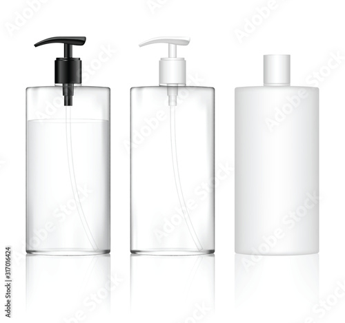 Cosmetic transparent plastic bottle with dispenser pump. Skin care bottles for shower gel, liquid soap, lotion, cream, shampoo, bath foam. Beauty product package. Vector illustration.