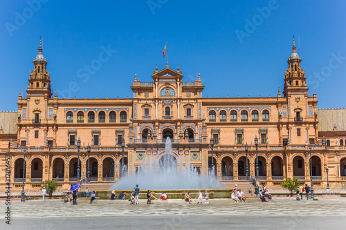 Fountain and main building at the Plaza Espana in Sevilla, Spain