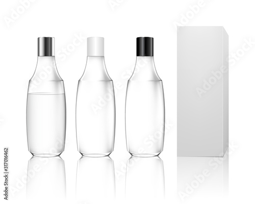 Cosmetic transparent plastic bottle isolated on white background. Skin care bottles for gel, liquid, lotion, cream, sunscreen. Beauty product package, vector illustration.
