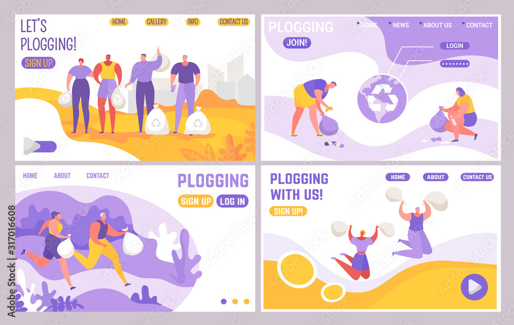 Plogging landing web page set vector illustration. Running people men, women with garbage bags jog, collect trash, plastic for recycling. Internet advertising for followers to environmental plogging. Plogging landing web page set vector illustration. Running people men, women with garbage bags jog, collect trash, plastic for recycling. Internet advertising for followers to environmental plogging.