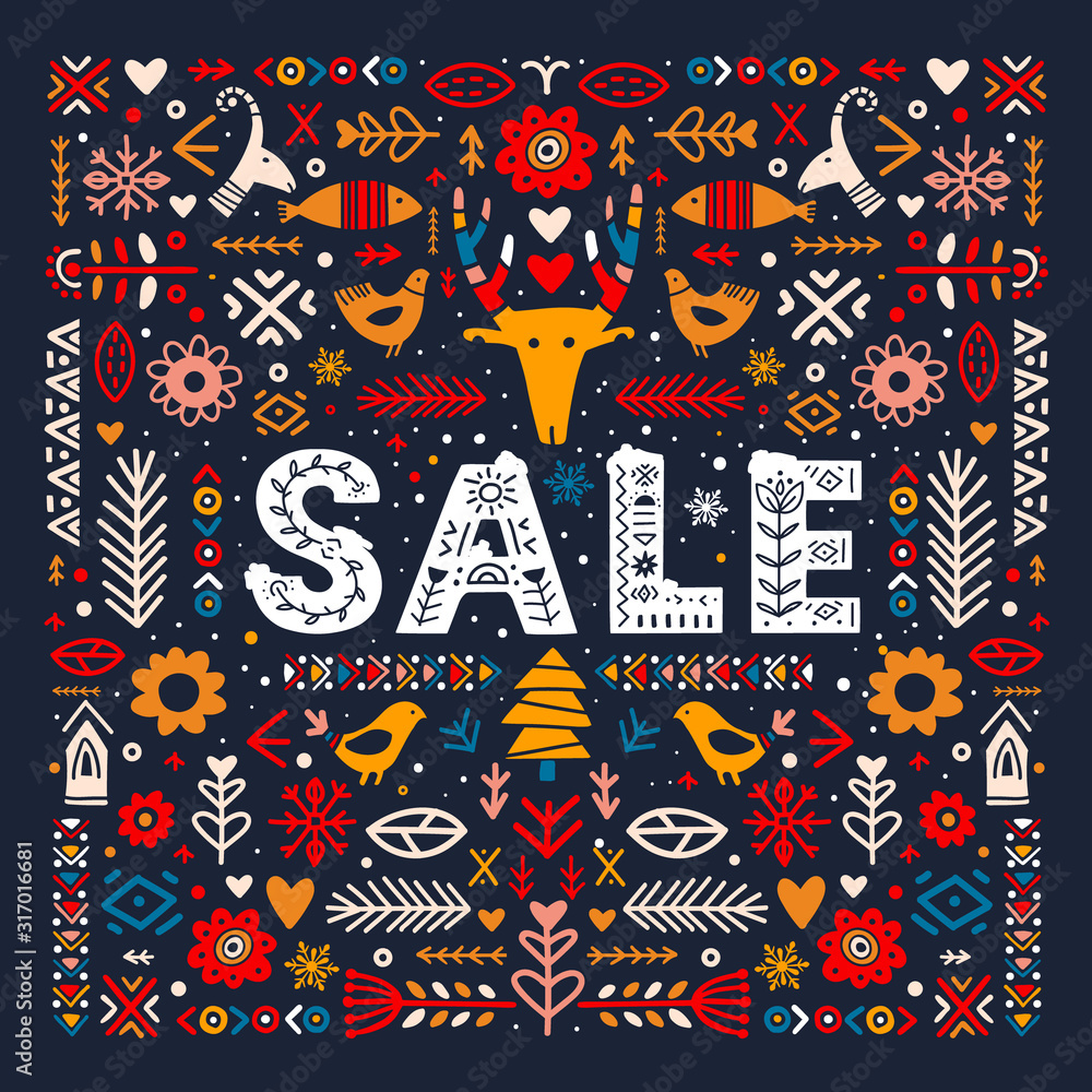 Obraz premium Sale lettering in ethnic folk style. Hand drawn 
