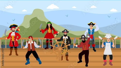 Pirates on wooden ship deck on sea travel vector illustration. Team of happy pirate funny people in costumes armed with knives. Captain at helm wheel, cook, woman, parrot.