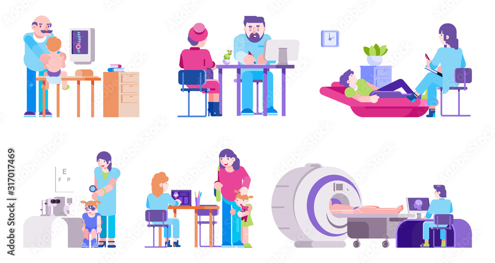 Doctors with patients adults and children healthcare set isolated vector illustrations. Different doctors hospital medical workers therapist, pediatrician, psychotherapist, ophthalmologist.