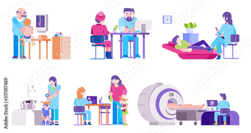 Doctors with patients adults and children healthcare set isolated vector illustrations. Different doctors hospital medical workers therapist, pediatrician, psychotherapist, ophthalmologist.