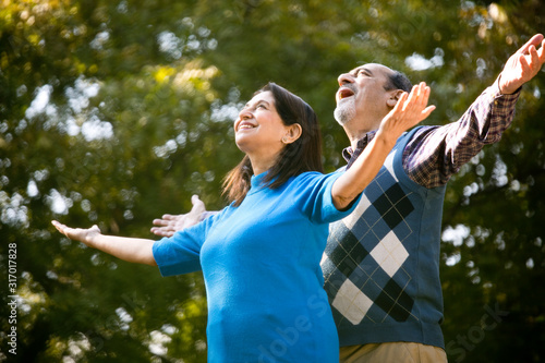 Senior couple with arms outstretched at park
