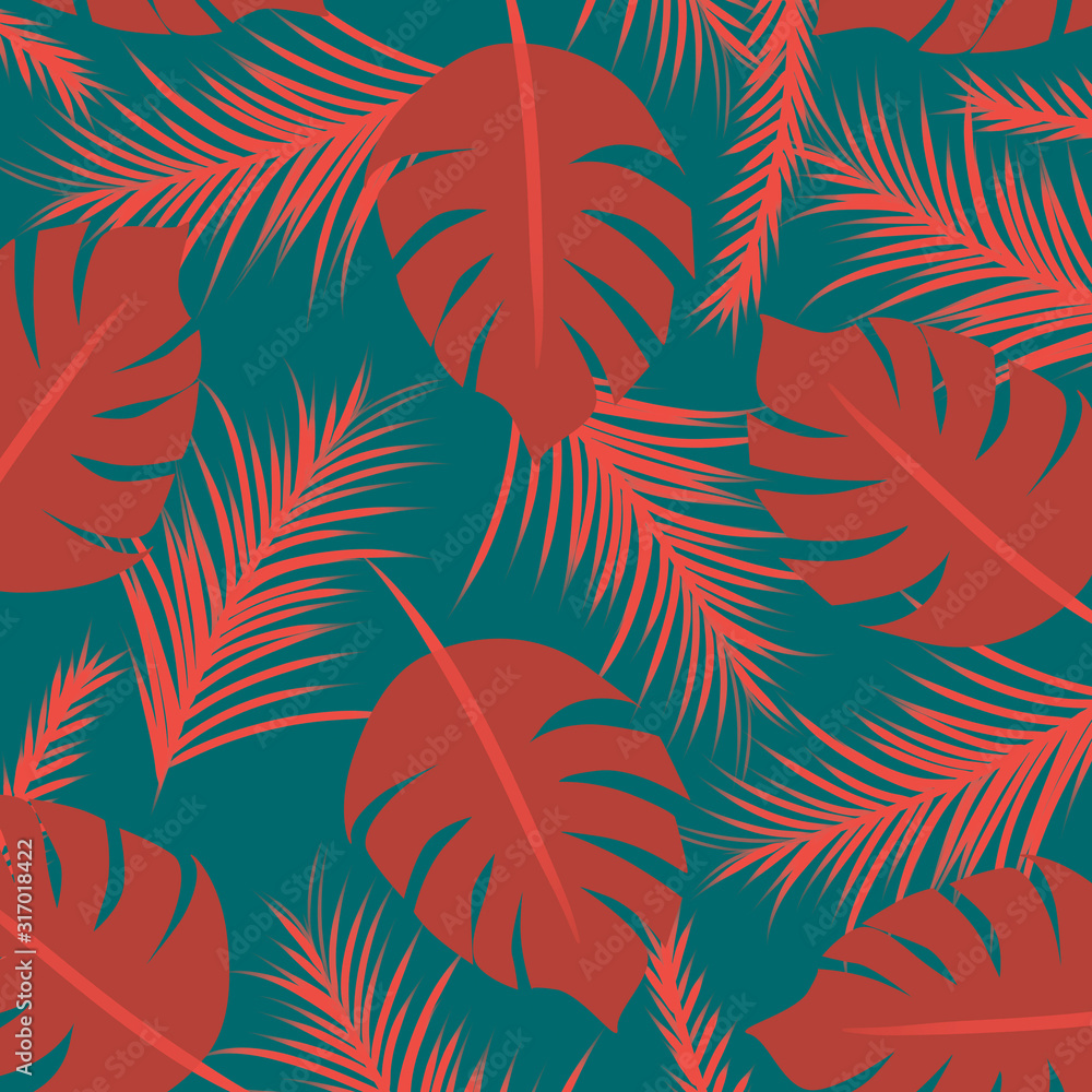 Red tropical seamless pattern on green backdrop Red tropical seamless pattern on green backdrop