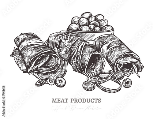 Sketch of tasty wrap slices of meat, smoked pork or spanish jamon with olive. Vector monochrome hand drawn illustration of finger food