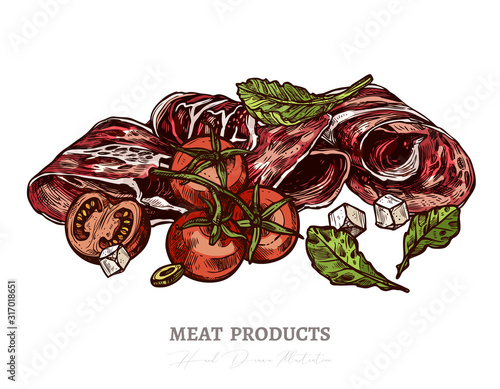 Spanish jamon, italian prosciutto crudo or parma ham in vector hand drawn style. Slices of dry cured meat sketch illustration with cherry tomatos and salad. Farm natural product