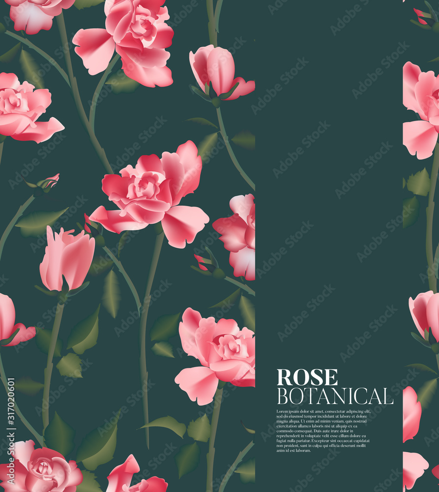 Rose realistic fower pattern  in vector, holiday texture, greeting design, floral cover for planner, notebook, nature presentation background. Garden bouquet illustration